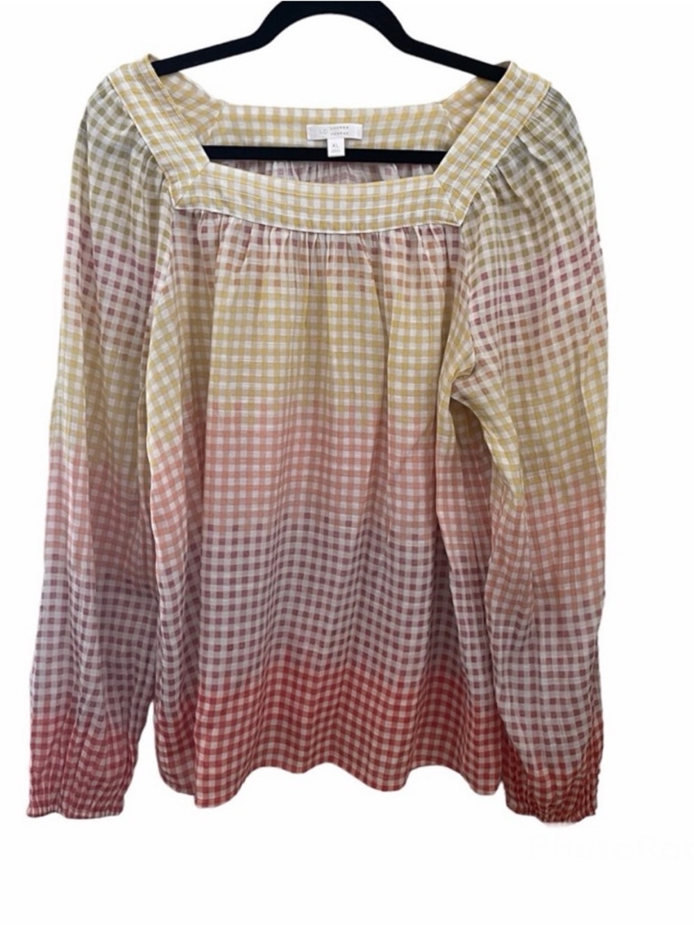LC Lauren Conrad Gingham Ombre Square-Neck Blouse in Yellow and Pink - XL
